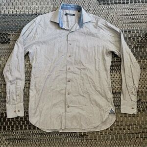 Men’s Hammer Made Long Sleeve Button Down in Gray Blue Windowpane, Neck 15.5